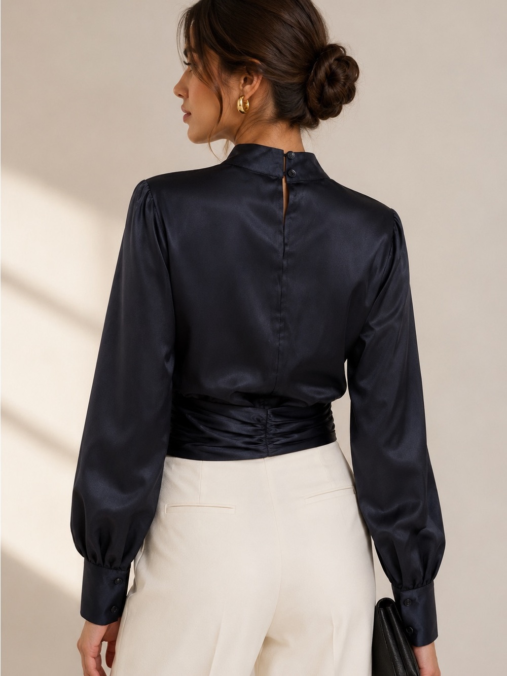 House of Harlow 1960 Black Satin Mock-Neck Blouse - Picture 3 of 8